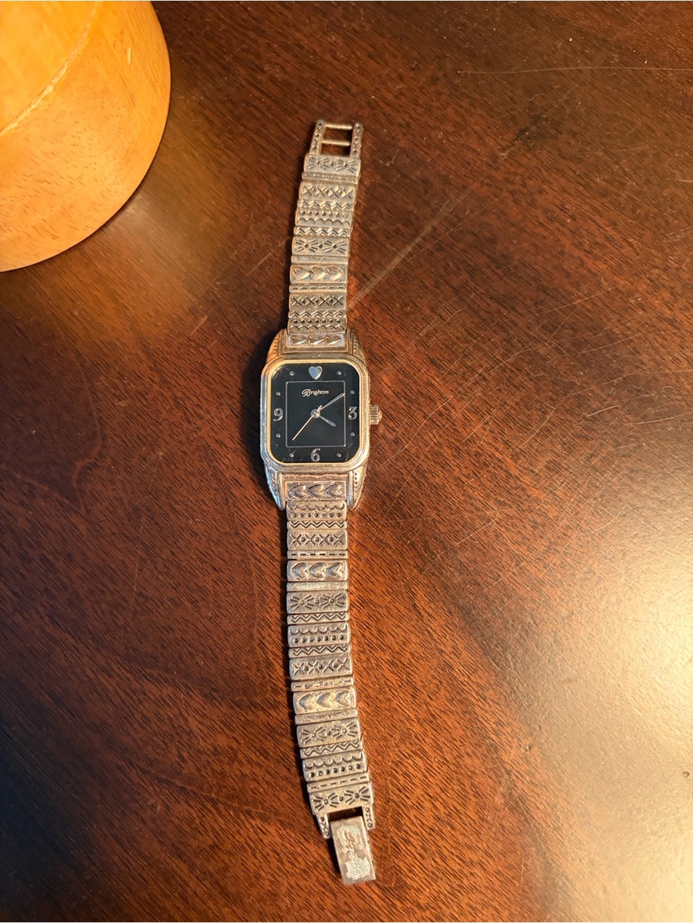 Brighton Silver-Tone Engraved Bracelet Watch with Black Dial